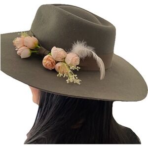 Bartolome Handmade Fedora Hat Wool Pink Roses Felt Wide Brim Western Easter